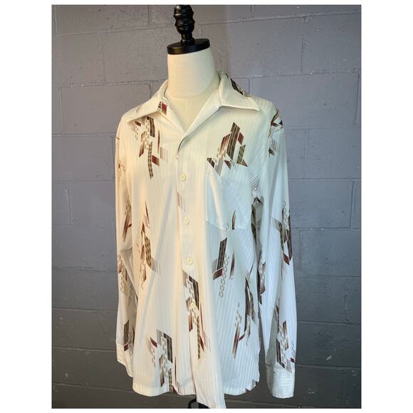 Vintage 70s Mr. Jan Polyester Disco Shirt Dagger Collar Abstract Earth Tones Med - Picture 2 of 10